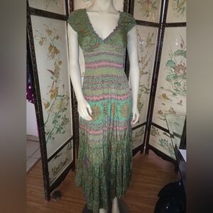Karma Highway Bohemian Maxi Dress - Green Orange Floral Print Smocked Bodice OS
